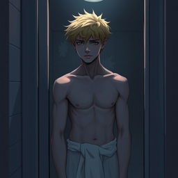 An American male teenager with blond hair standing in front of a bathroom mirror, wearing a towel wrapped around his waist