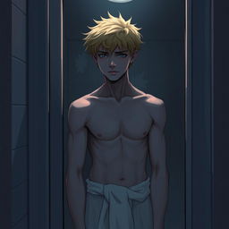 An American male teenager with blond hair standing in front of a bathroom mirror, wearing a towel wrapped around his waist