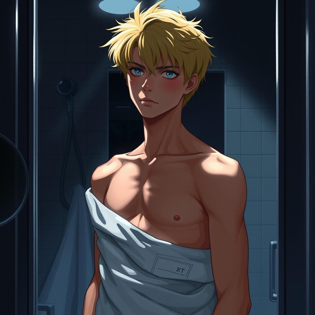 An American male teenager with blond hair standing in front of a bathroom mirror, with a towel wrapped around his hips