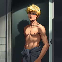 An American male teenager with blond hair standing in front of a bathroom mirror, with a towel wrapped around his hips