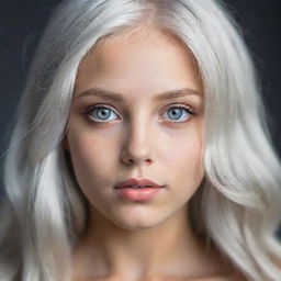 A striking portrait of a girl with luminous grey eyes and shimmering platinum hair.