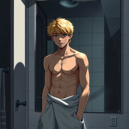 An American male teenager with blond hair standing in front of a bathroom mirror, with a towel wrapped around his hips