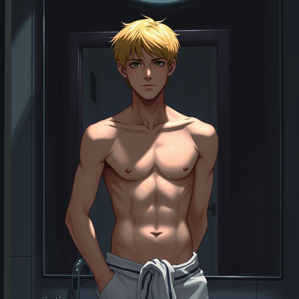 An American male teenager with blond hair standing in front of a bathroom mirror, with a towel wrapped around his hips