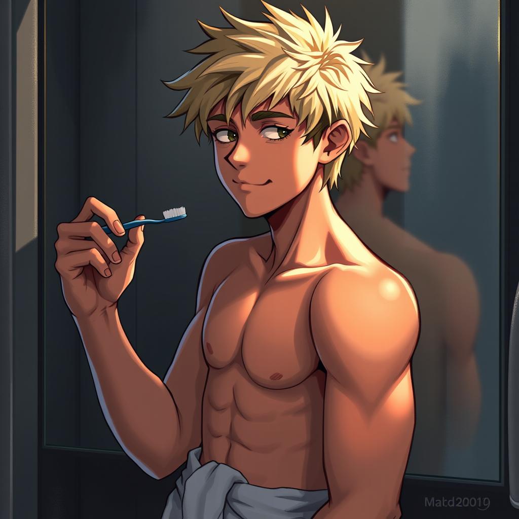 An American male teenager with blond hair standing in front of a bathroom mirror, holding a toothbrush in one hand and with a towel wrapped around his hips