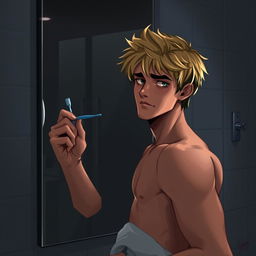 An American male teenager with blond hair standing in front of a bathroom mirror, holding a toothbrush in one hand and with a towel wrapped around his hips