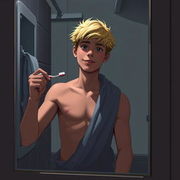 An American male teenager with blond hair standing in front of a bathroom mirror, holding a toothbrush in one hand and with a towel wrapped around his hips