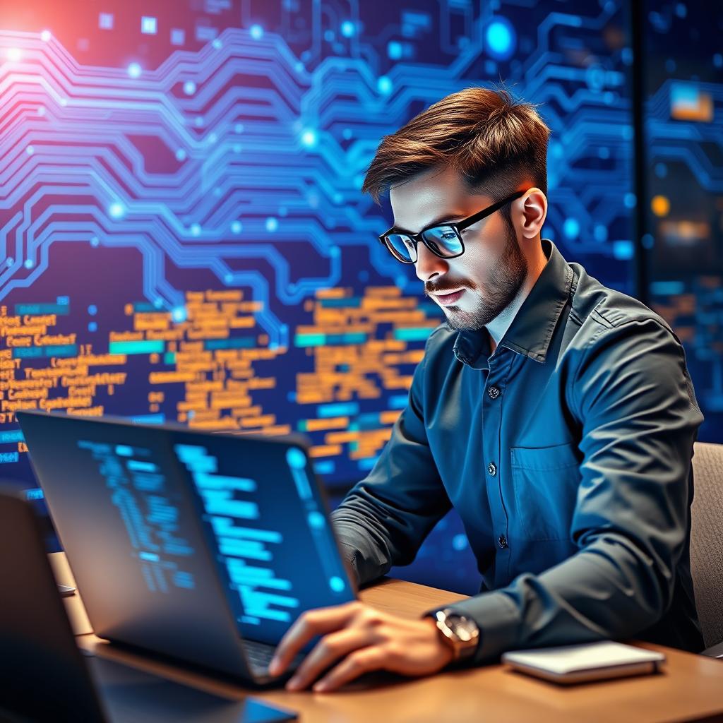 A focused data scientist or programmer sitting at a modern desk, deeply engaged with their laptop that displays complex data visualizations and coding scripts