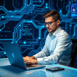 A focused data scientist or programmer sitting at a modern desk, deeply engaged with their laptop that displays complex data visualizations and coding scripts