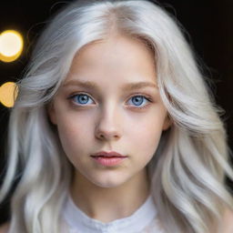 A striking portrait of a girl with luminous grey eyes and shimmering platinum hair.