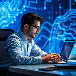 A focused data scientist or programmer sitting at a modern desk, deeply engaged with their laptop that displays complex data visualizations and coding scripts