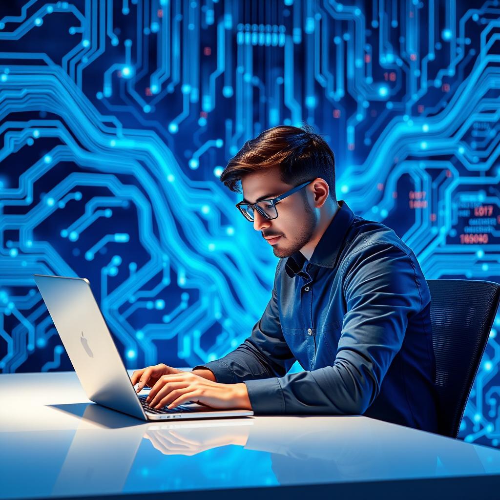 A focused data scientist or programmer sitting at a modern desk, deeply engaged with their laptop that displays complex data visualizations and coding scripts