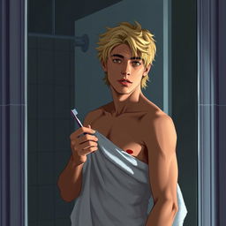 An American male teenager with blond hair standing in front of a bathroom mirror, holding a toothbrush in one hand and a towel wrapped around his hips