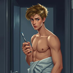 An American male teenager with blond hair standing in front of a bathroom mirror, holding a toothbrush in one hand and a towel wrapped around his hips