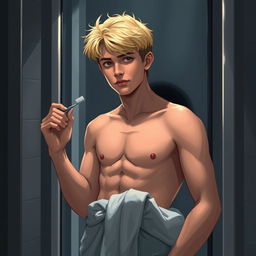 An American male teenager with blond hair standing in front of a bathroom mirror, holding a toothbrush in one hand and a towel wrapped around his hips