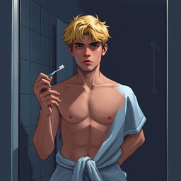 An American male teenager with blond hair standing in front of a bathroom mirror, holding a toothbrush in one hand and a towel wrapped around his hips