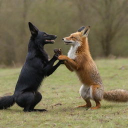 A re-imaged scene where the previously described fox, raven, and hare are all displaying signs of happiness, playfully interacting with one another.