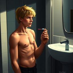 An American male teenager with blond hair standing in front of a bathroom mirror, shirtless and holding a toothbrush in one hand