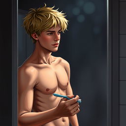 An American male teenager with blond hair standing in front of a bathroom mirror, shirtless and holding a toothbrush in one hand