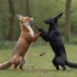 A re-imaged scene where the previously described fox, raven, and hare are all displaying signs of happiness, playfully interacting with one another.