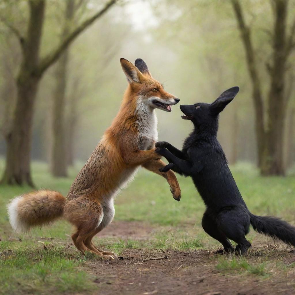 A re-imaged scene where the previously described fox, raven, and hare are all displaying signs of happiness, playfully interacting with one another.