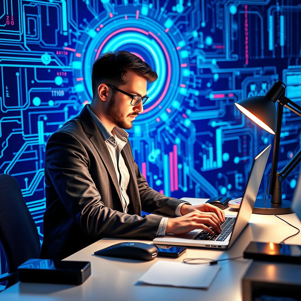 A dedicated data scientist or programmer working intently on their laptop, immersed in a blue technology background that radiates a sense of innovation