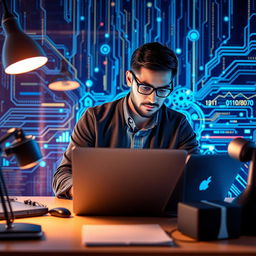 A dedicated data scientist or programmer working intently on their laptop, immersed in a blue technology background that radiates a sense of innovation