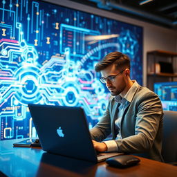 A dedicated data scientist or programmer working intently on their laptop, immersed in a blue technology background that radiates a sense of innovation