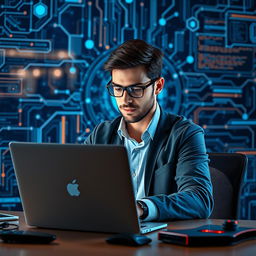 A dedicated data scientist or programmer working intently on their laptop, immersed in a blue technology background that radiates a sense of innovation