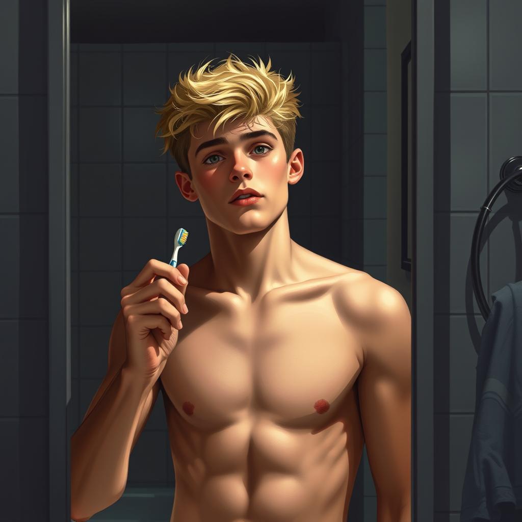 A shirtless American male teenager with blond hair standing in front of a bathroom mirror, holding a toothbrush in one hand