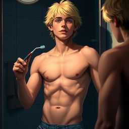 A shirtless American male teenager with blond hair standing in front of a bathroom mirror, holding a toothbrush in one hand