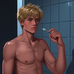 A shirtless American male teenager with blond hair standing in front of a bathroom mirror, holding a toothbrush in one hand