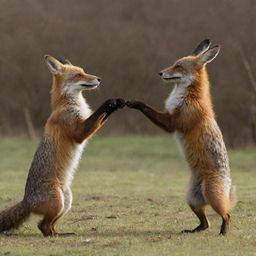 A re-imaged scene where the previously described fox, raven, and hare are all displaying signs of happiness, playfully interacting with one another.