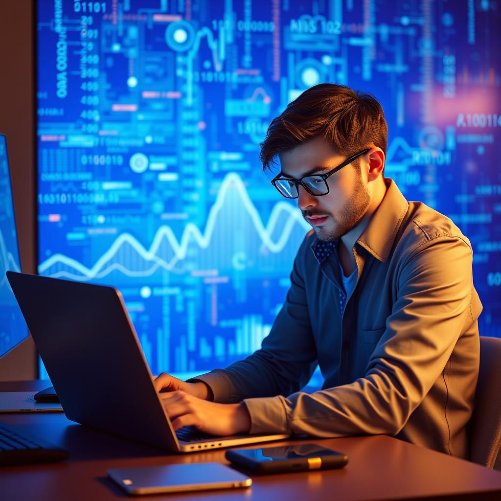 A data scientist or programmer intensely focused on a sleek laptop, immersed in the world of technology