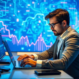 A data scientist or programmer intensely focused on a sleek laptop, immersed in the world of technology