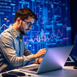 A data scientist or programmer intensely focused on a sleek laptop, immersed in the world of technology