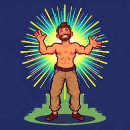 A pixel art illustration of a man radiating a vibrant aura, depicted in a colorful and engaging style