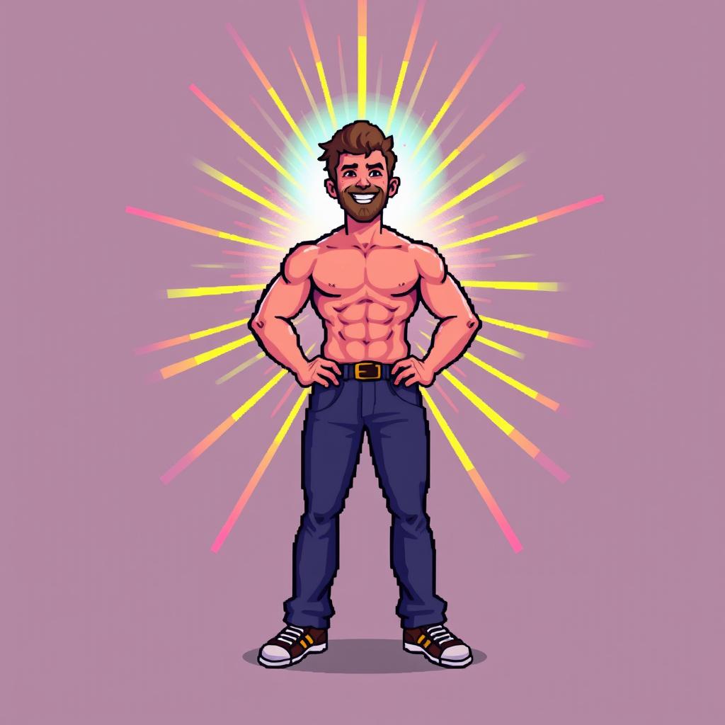 A pixel art illustration of a man radiating a vibrant aura, depicted in a colorful and engaging style