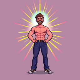 A pixel art illustration of a man radiating a vibrant aura, depicted in a colorful and engaging style