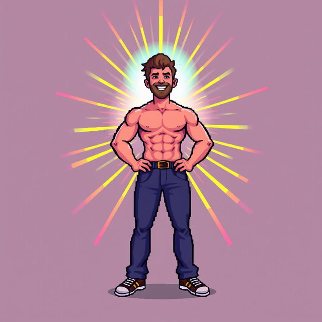 A pixel art illustration of a man radiating a vibrant aura, depicted in a colorful and engaging style