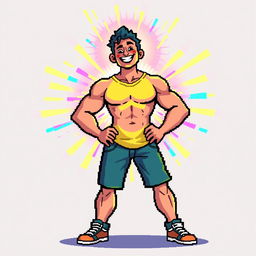 A pixel art illustration of a man radiating a vibrant aura, depicted in a colorful and engaging style