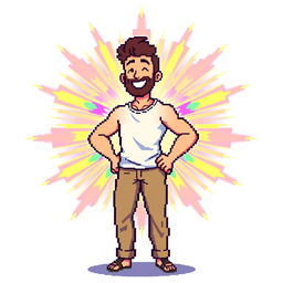 A pixel art illustration of a man radiating a vibrant aura, depicted in a colorful and engaging style