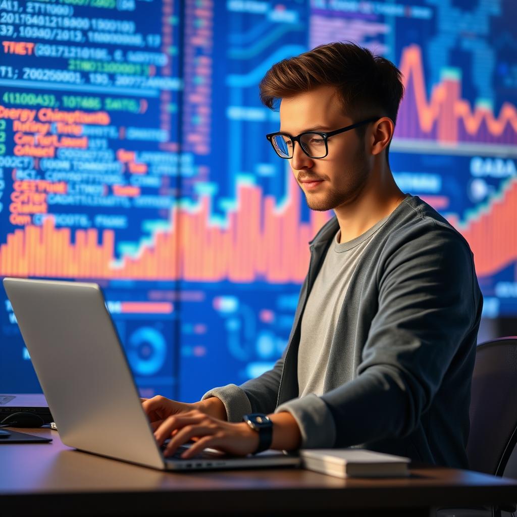 A data scientist or programmer intensely working on a sleek laptop, set against a vivid blue technology background filled with dynamic digital graphics, including flowing binary code and vibrant data charts