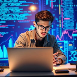 A data scientist or programmer intensely working on a sleek laptop, set against a vivid blue technology background filled with dynamic digital graphics, including flowing binary code and vibrant data charts