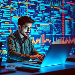 A data scientist or programmer intensely working on a sleek laptop, set against a vivid blue technology background filled with dynamic digital graphics, including flowing binary code and vibrant data charts