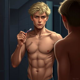 A shirtless American male teenager with blond hair standing in front of a bathroom mirror, holding a toothbrush in one hand