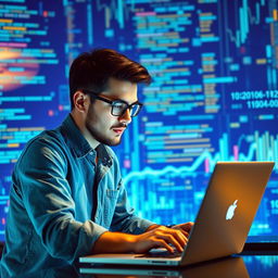 A data scientist or programmer intensely working on a sleek laptop, set against a vivid blue technology background filled with dynamic digital graphics, including flowing binary code and vibrant data charts