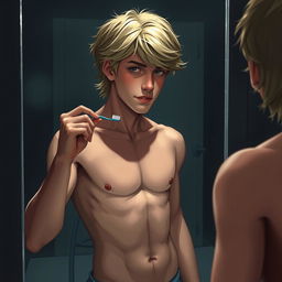 A shirtless American male teenager with blond hair standing in front of a bathroom mirror, holding a toothbrush in one hand