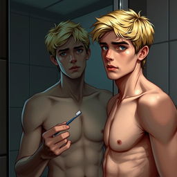 A shirtless American male teenager with blond hair standing in front of a bathroom mirror, holding a toothbrush in one hand