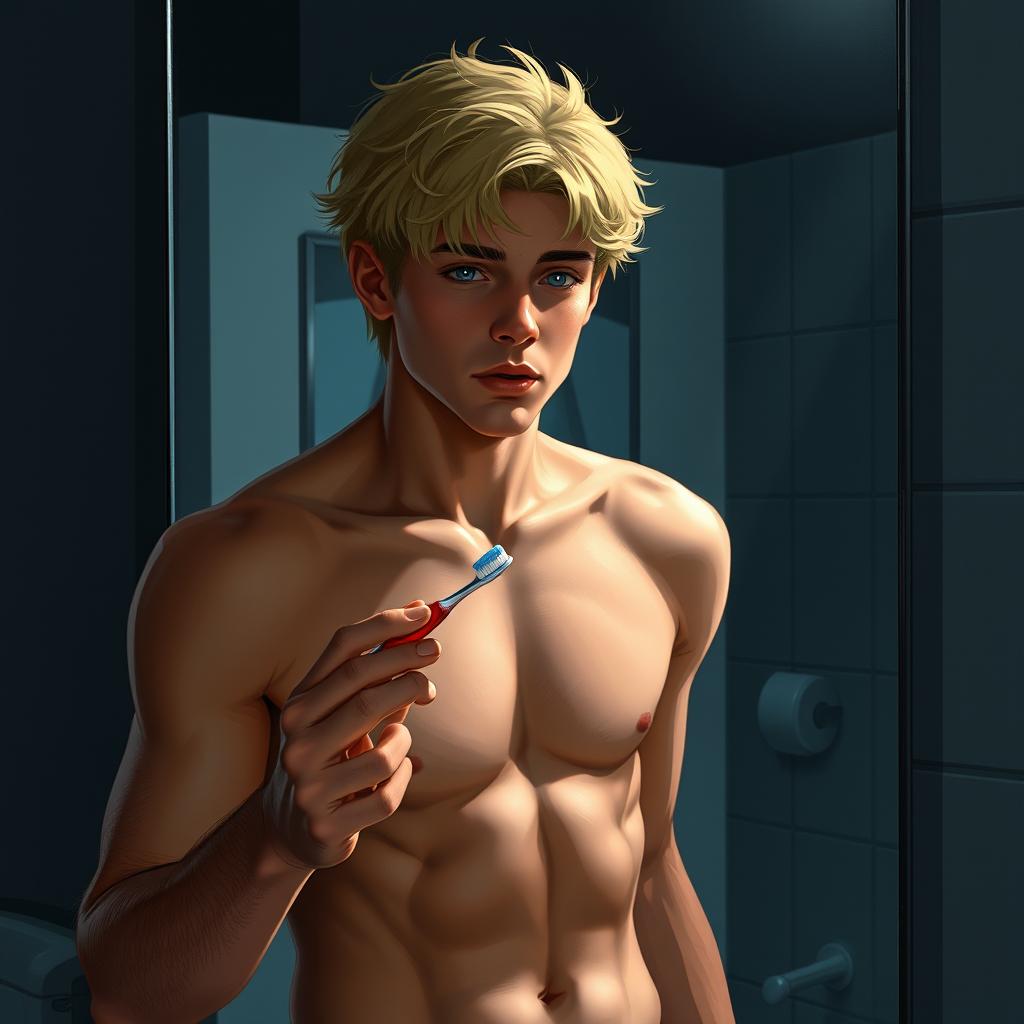 A shirtless American male teenager with blond hair standing in front of a bathroom mirror, holding a toothbrush in one hand