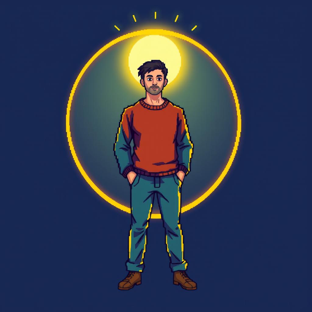 A pixel art illustration of a man surrounded by a circular aura, depicted in a colorful and engaging style